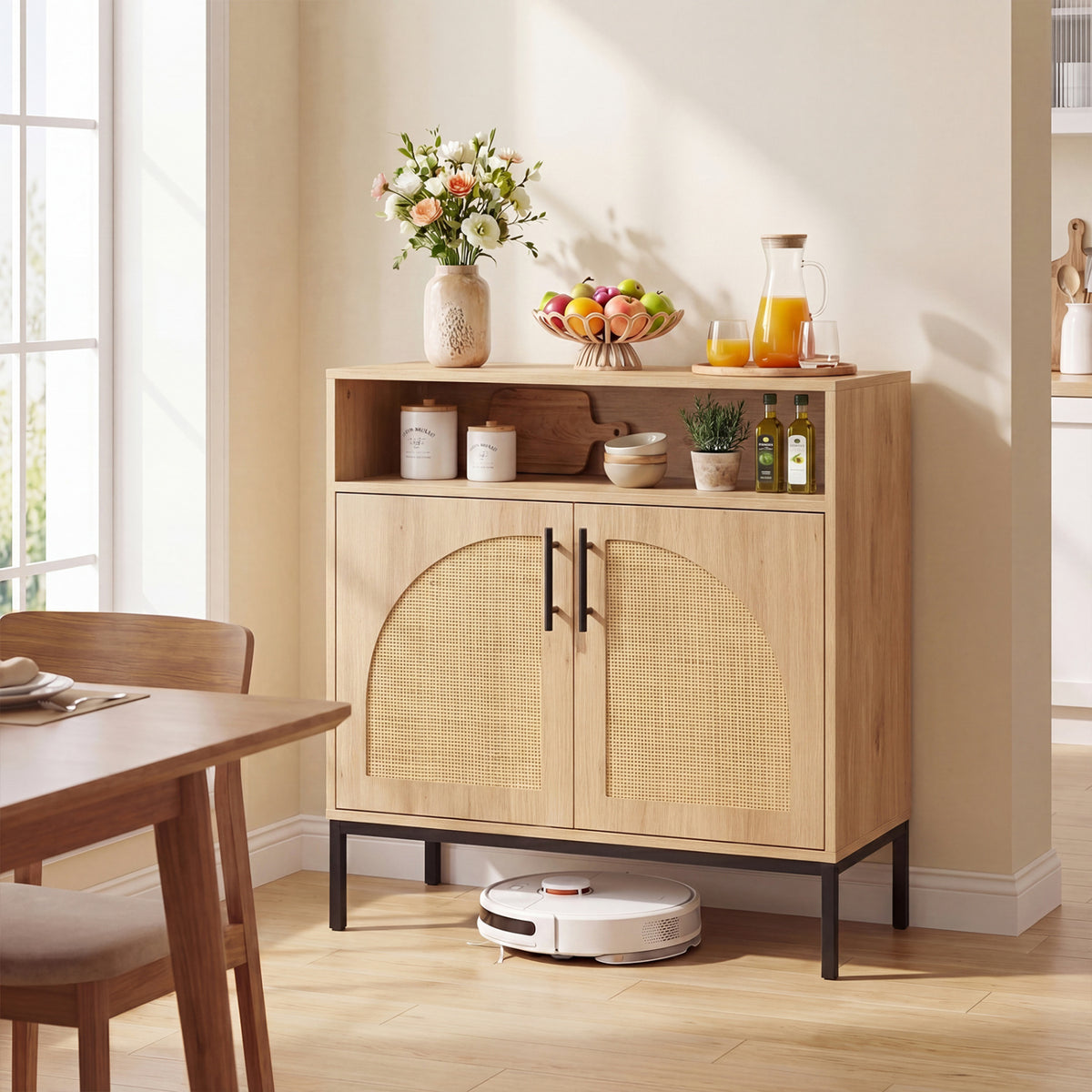 32" Sideboard Buffet Cabinet with 2 Natural Rattan Decorated Doors and Adjustable Shelf