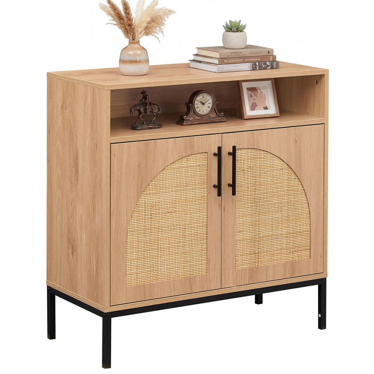 32" Sideboard Buffet Cabinet with 2 Natural Rattan Decorated Doors and Adjustable Shelf
