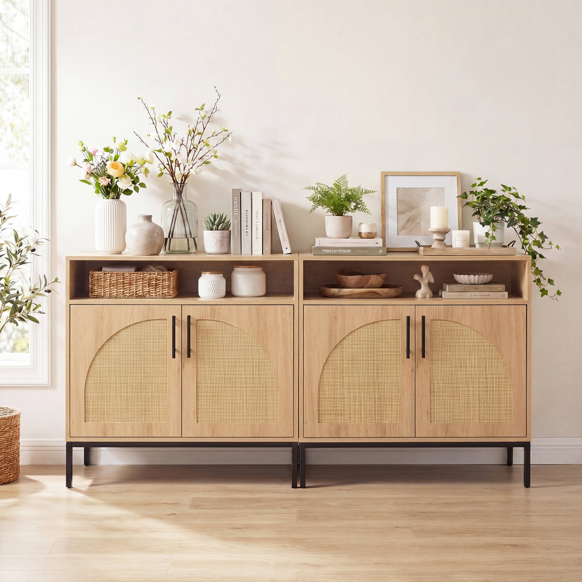 32" Sideboard Buffet Cabinet with 2 Natural Rattan Decorated Doors and Adjustable Shelf