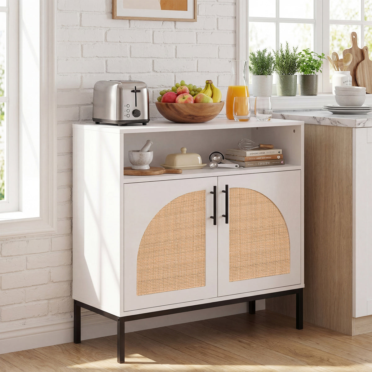 32" Sideboard Buffet Cabinet with 2 Natural Rattan Decorated Doors and Adjustable Shelf