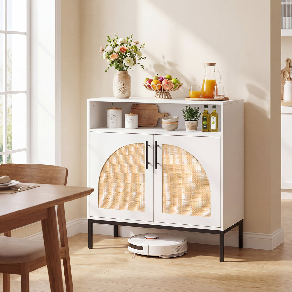 32" Sideboard Buffet Cabinet with 2 Natural Rattan Decorated Doors and Adjustable Shelf