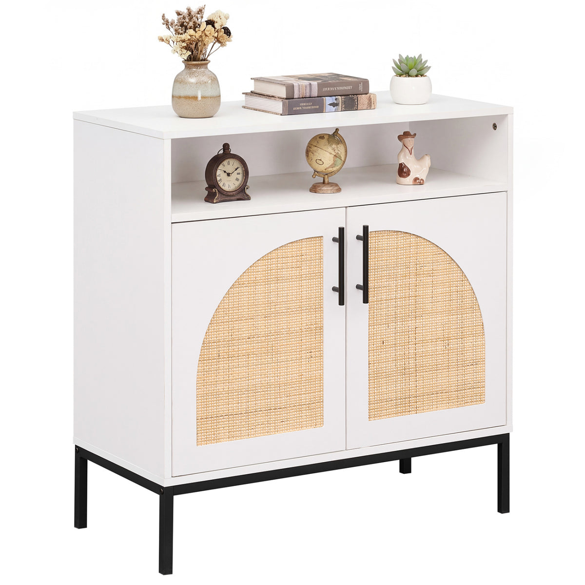 32" Sideboard Buffet Cabinet with 2 Natural Rattan Decorated Doors and Adjustable Shelf