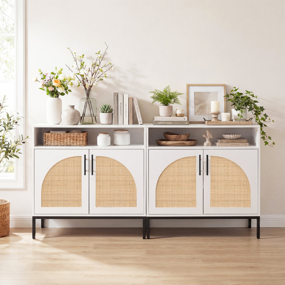32" Sideboard Buffet Cabinet with 2 Natural Rattan Decorated Doors and Adjustable Shelf