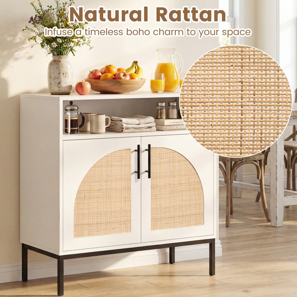 32" Sideboard Buffet Cabinet with 2 Natural Rattan Decorated Doors and Adjustable Shelf