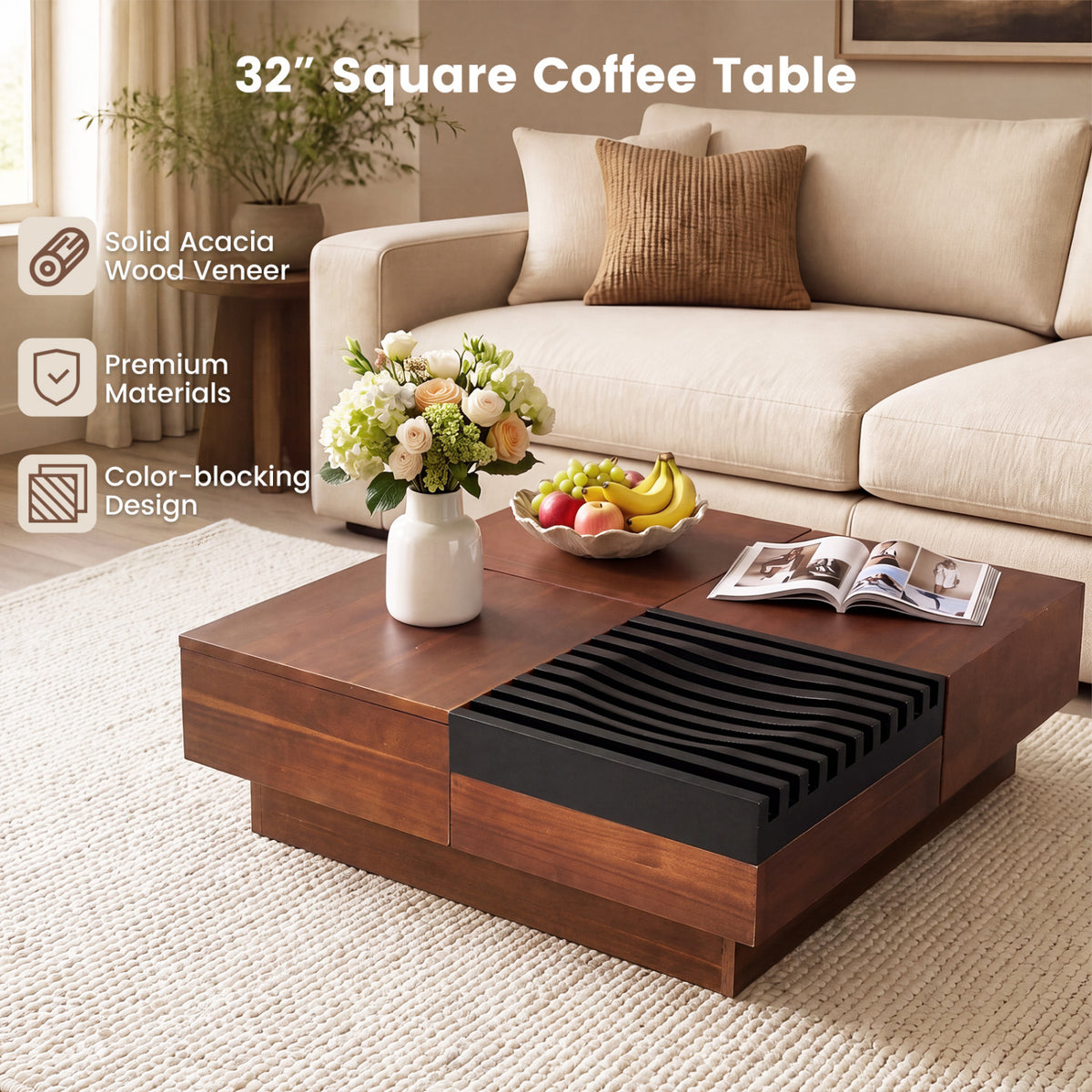 32" Square Color-blocking Design Coffee Table with Storage Tray for Living Room-Walnut