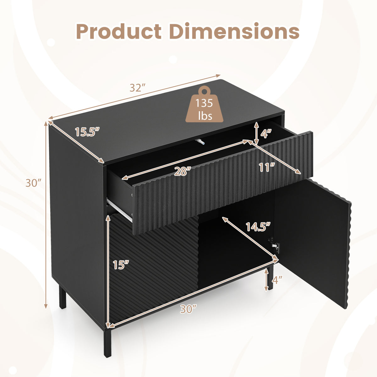 32" Wide Buffet Cabinet with 2 Doors and 1 Drawer for Kitchen-Black