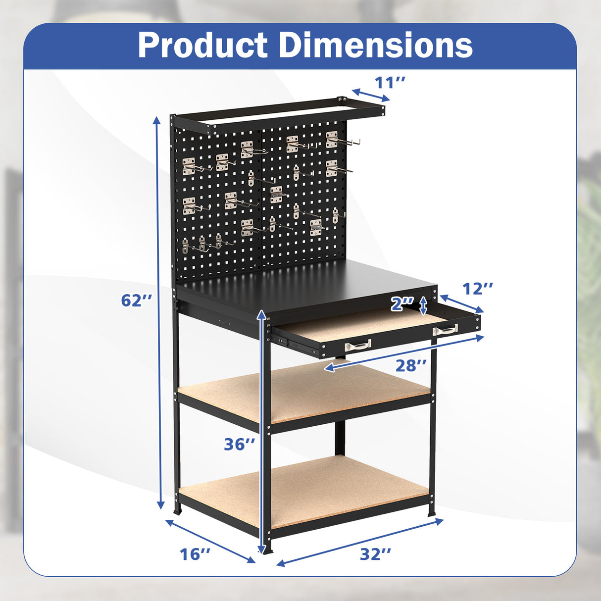 32 x 16 Inch Workbench Work Table with 2 PCs Pegboard Drawer and Shelves