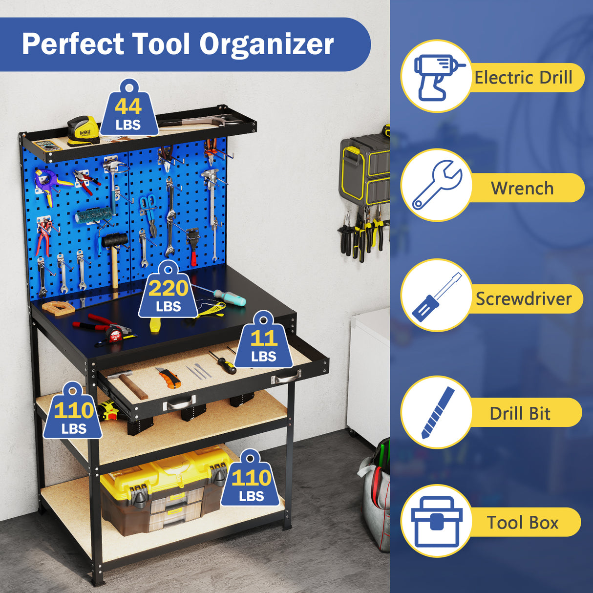 32 x 16 Inch Workbench Work Table with 2 PCs Pegboard Drawer and Shelves
