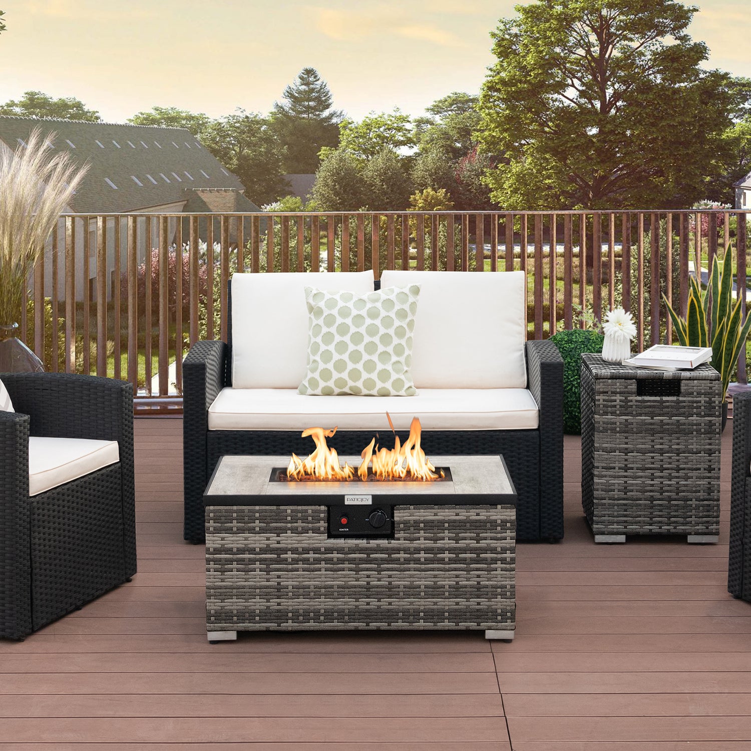 32 x 20 Inch Propane Rattan Fire Pit Table Set with Side Table Tank and Cover