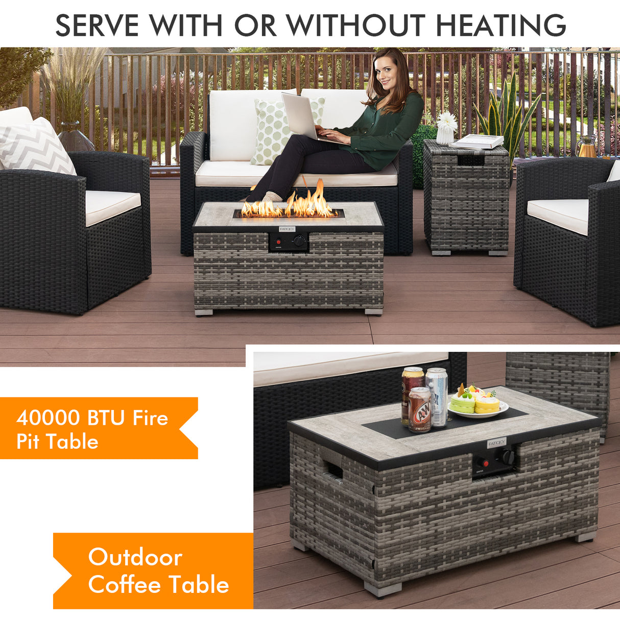 32 x 20 Inch Propane Rattan Fire Pit Table Set with Side Table Tank and Cover