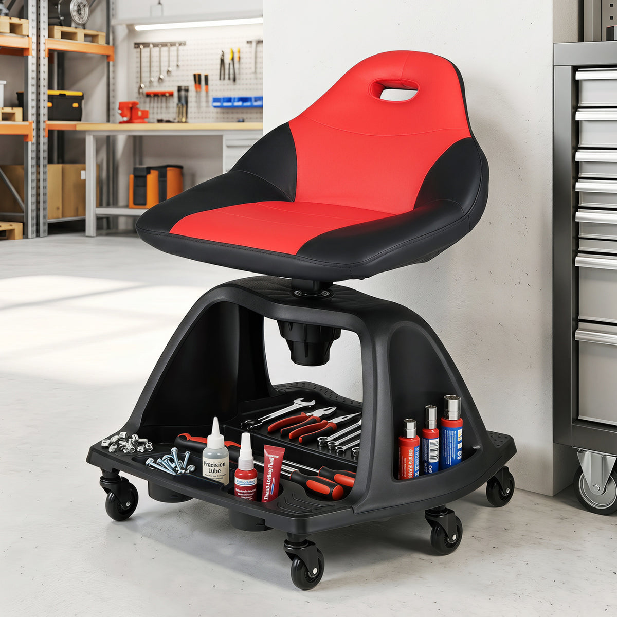 330 LBS Capacity Garage Mechanic Stool Seat with Backrest 6 Universal Wheels and Tool Tray Storage-Red