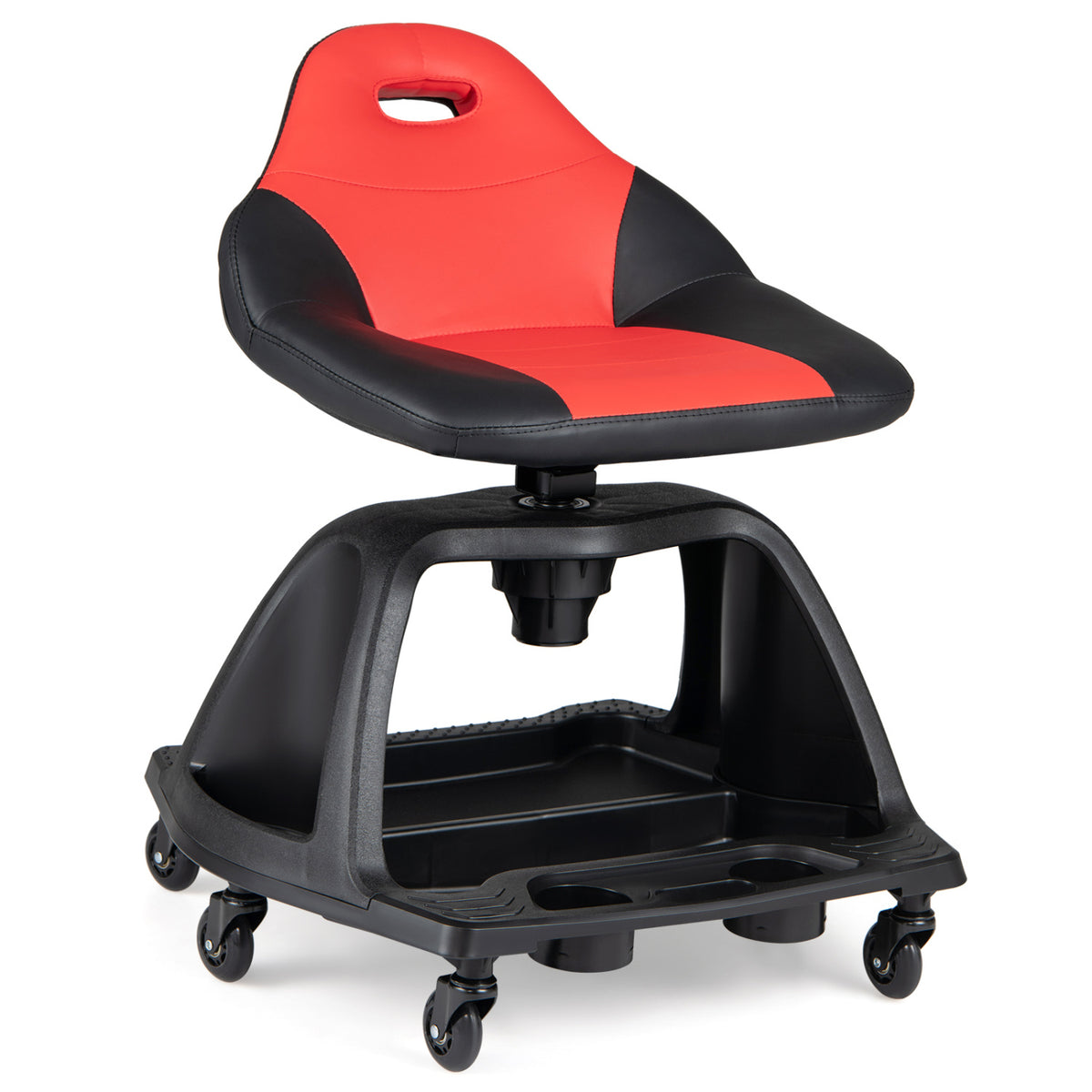 330 LBS Capacity Garage Mechanic Stool Seat with Backrest 6 Universal Wheels and Tool Tray Storage-Red