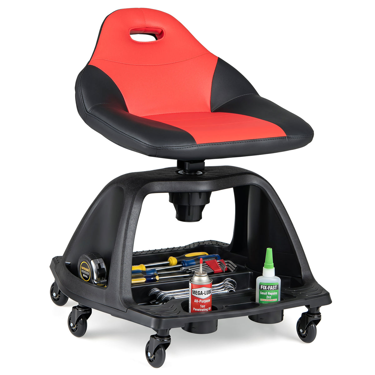 330 LBS Capacity Garage Mechanic Stool Seat with Backrest 6 Universal Wheels and Tool Tray Storage-Red