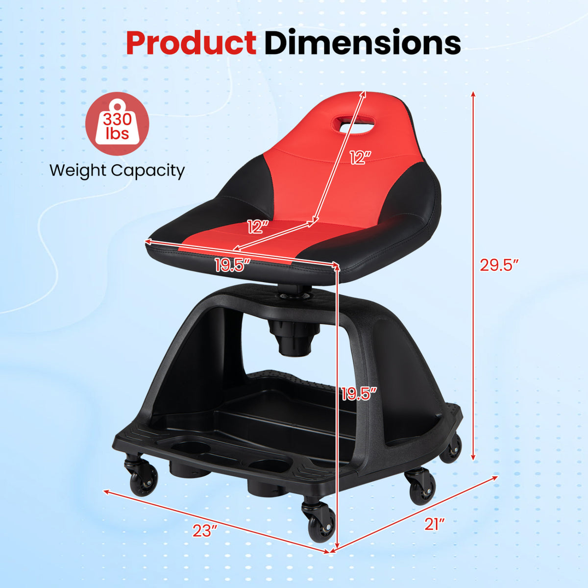 330 LBS Capacity Garage Mechanic Stool Seat with Backrest 6 Universal Wheels and Tool Tray Storage-Red