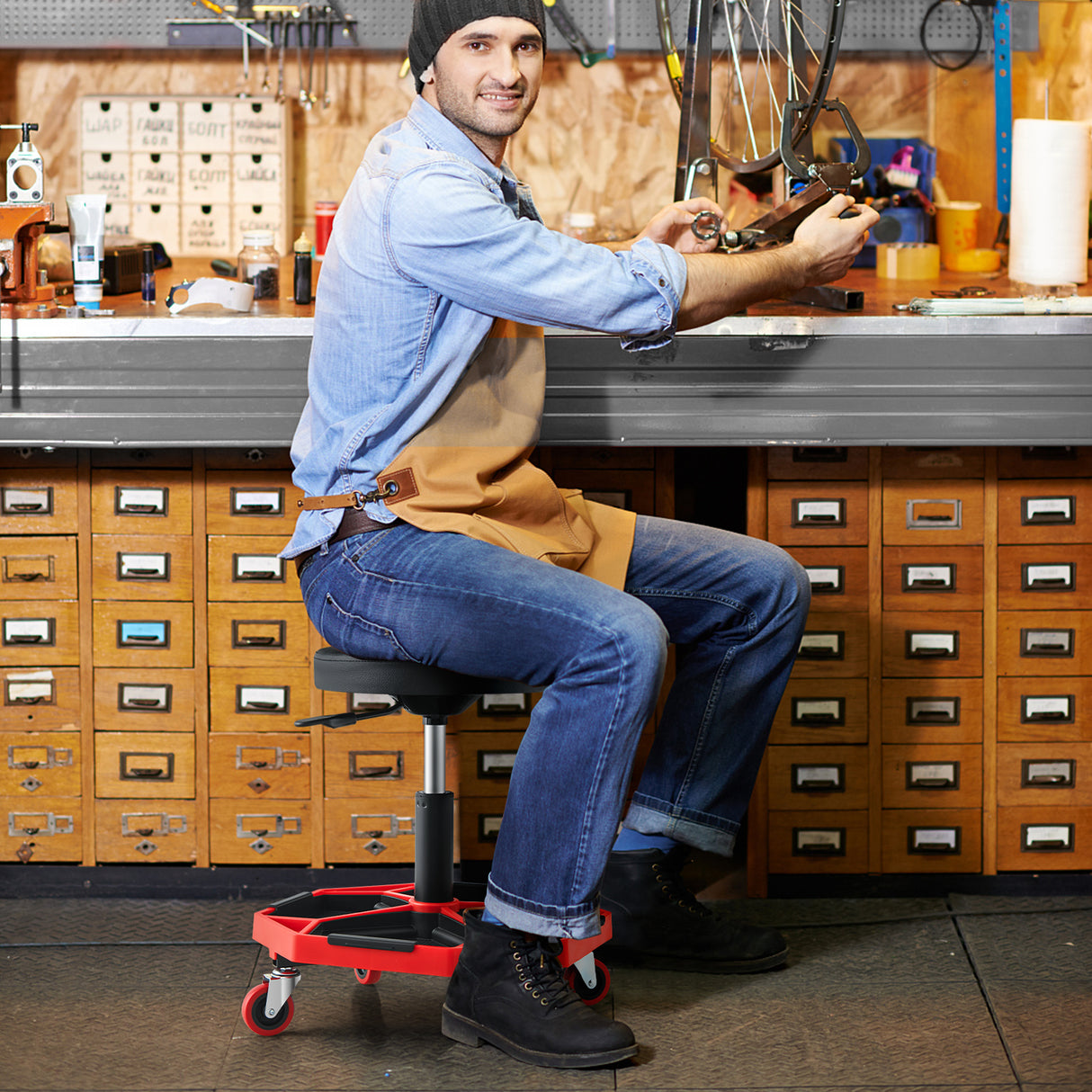 330 LBS Capacity Pneumatic Rolling Mechanic Stool with Padded Seat