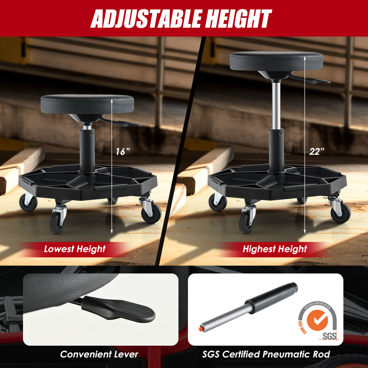 330 LBS Capacity Pneumatic Rolling Mechanic Stool with Padded Seat