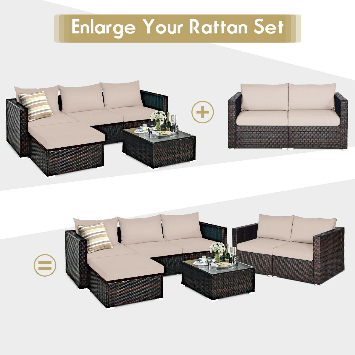 2PCS Patio Rattan Sectional Conversation Sofa Set