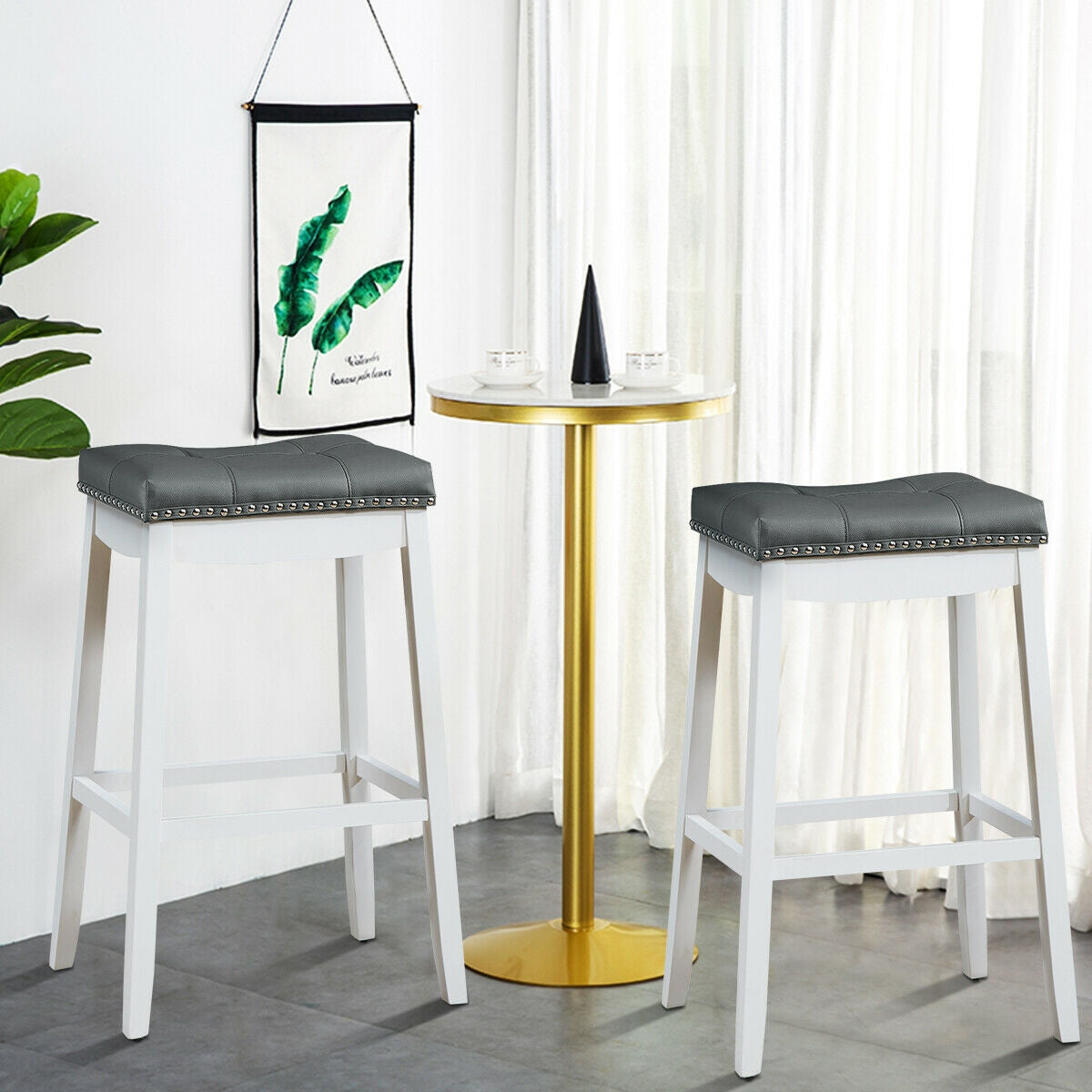 29âSet of 2 Nailhead Saddle Bar Stools-White