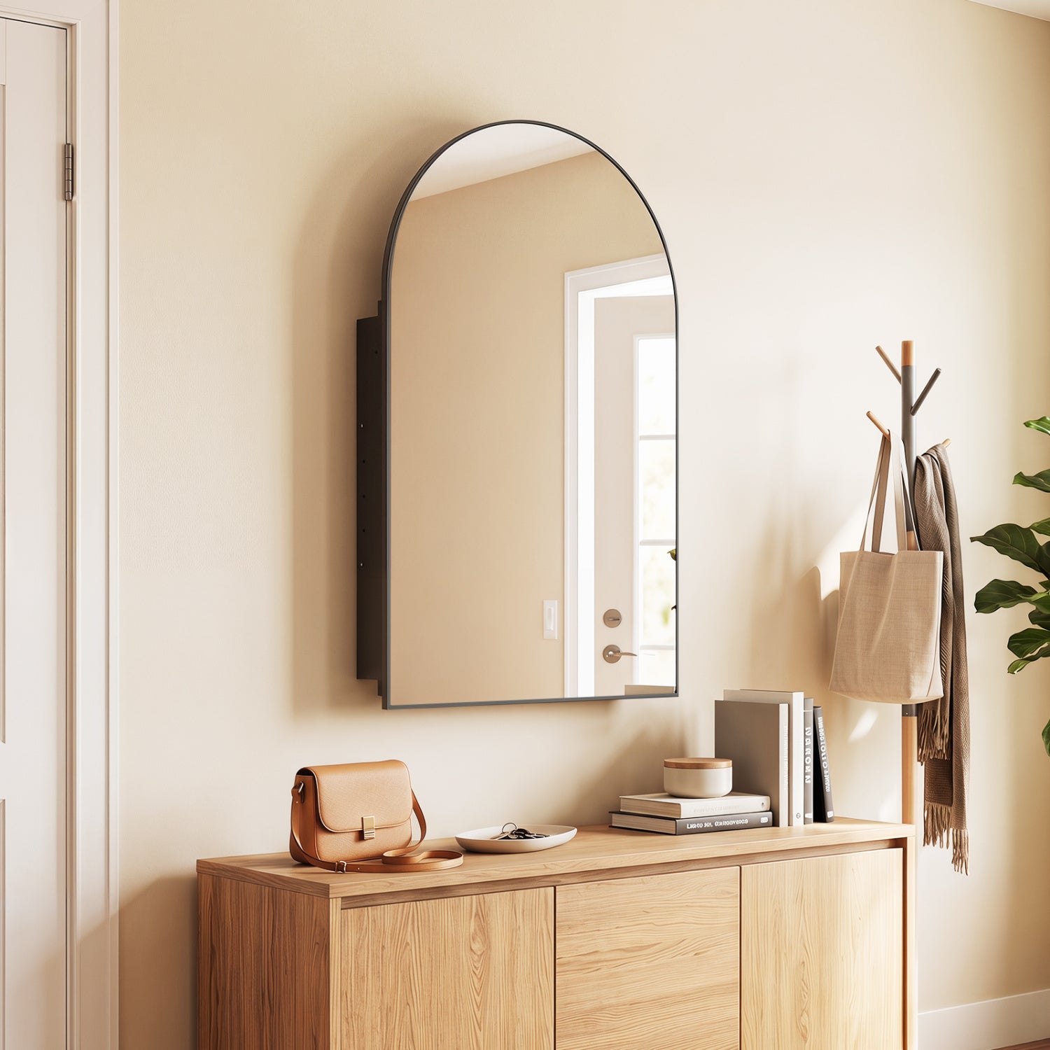 34" x 22" Brushed Metal Wall-Mounted Storage Cabinet with Arched Mirror and Adjustable Shelves-Black