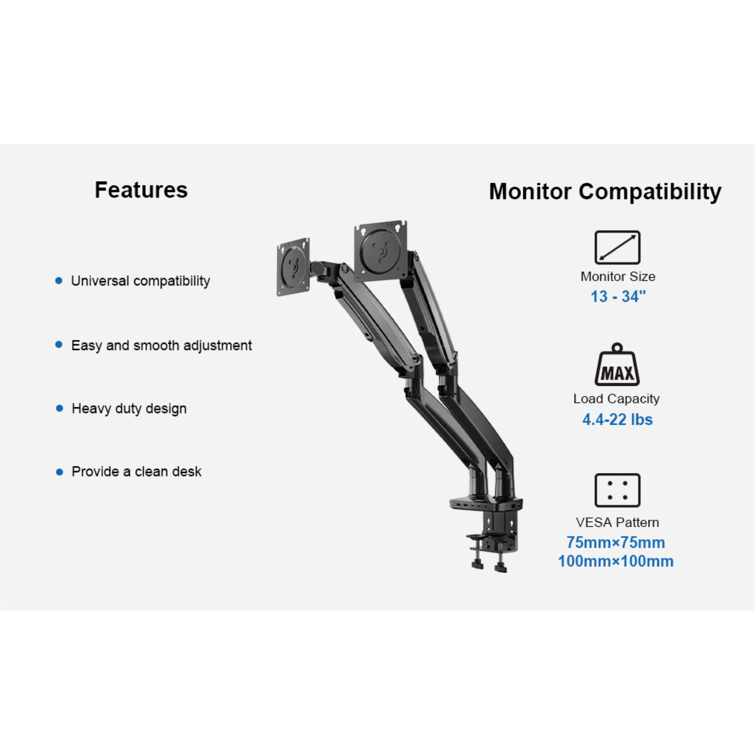 ErgoAV ErgoLink Motion Desk Mount for Dual Monitors up to 34" and 22 lbs