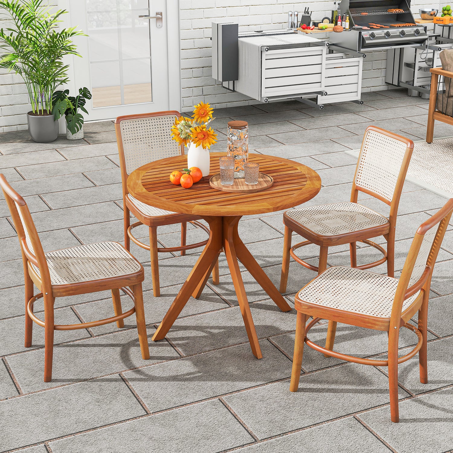 35.5 Inch Patio Wood Dining Table with Slatted Tabletop and Curved Legs