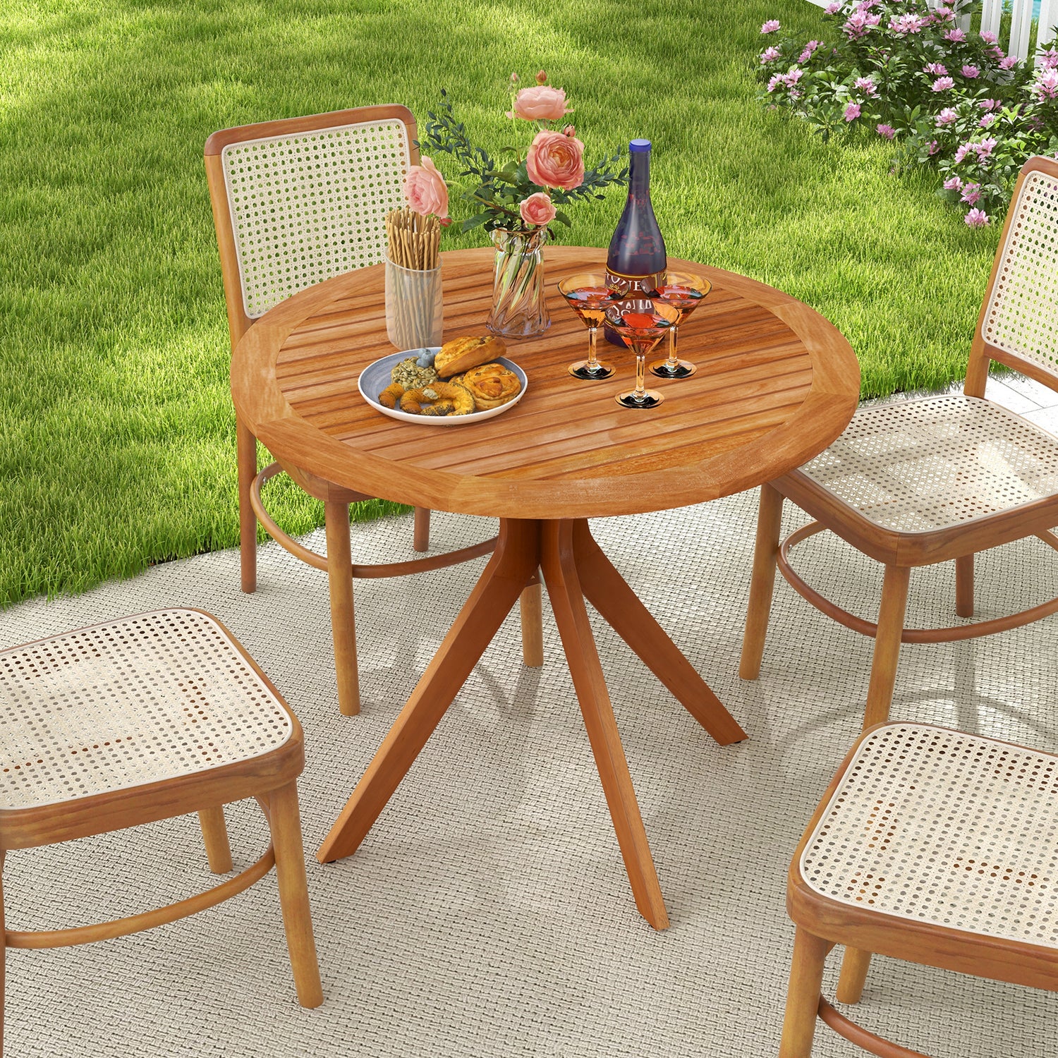 35.5 Inch Patio Wood Dining Table with Slatted Tabletop and Curved Legs