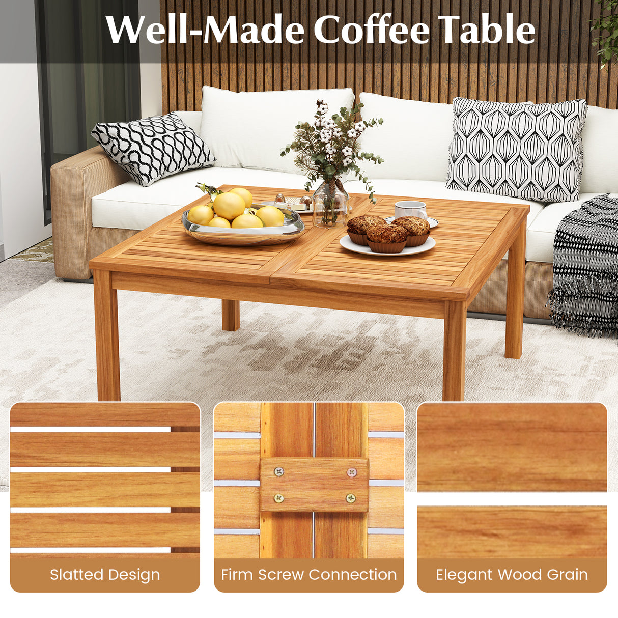 35.5 Inches Patio Solid Acacia Wood Coffee Table Side Table