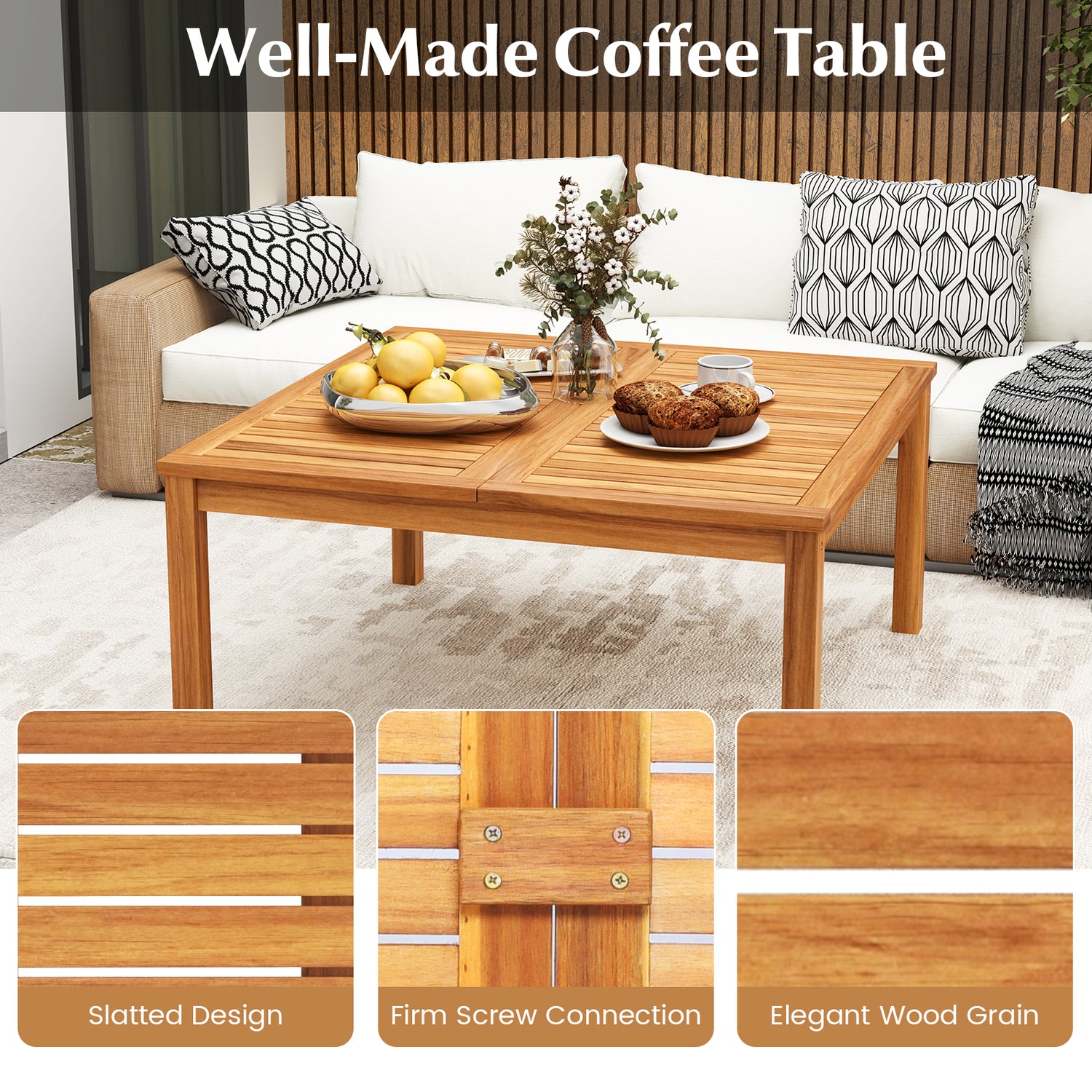 35.5 Inches Patio Solid Acacia Wood Coffee Table Side Table