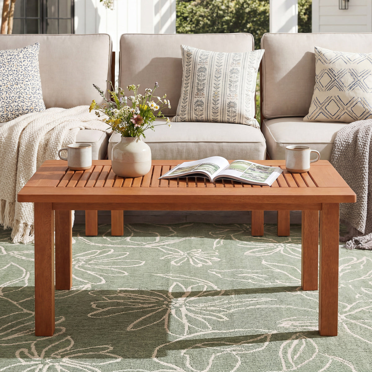 35.5 Inch Outdoor Modern Rectangular Coffee Table with Slatted Top for Backyard