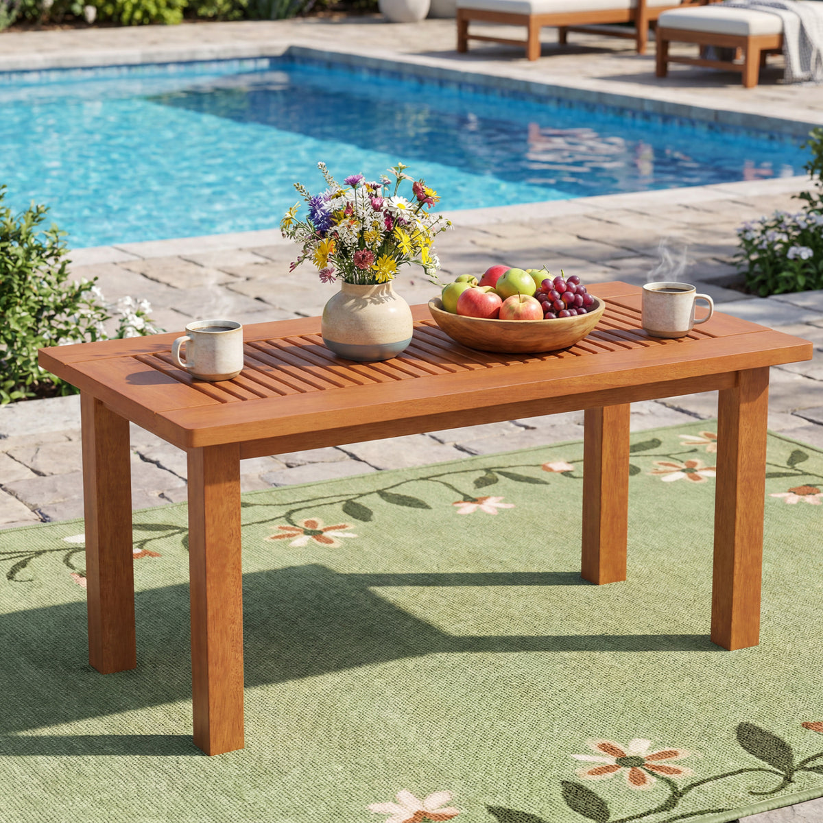 35.5 Inch Outdoor Modern Rectangular Coffee Table with Slatted Top for Backyard