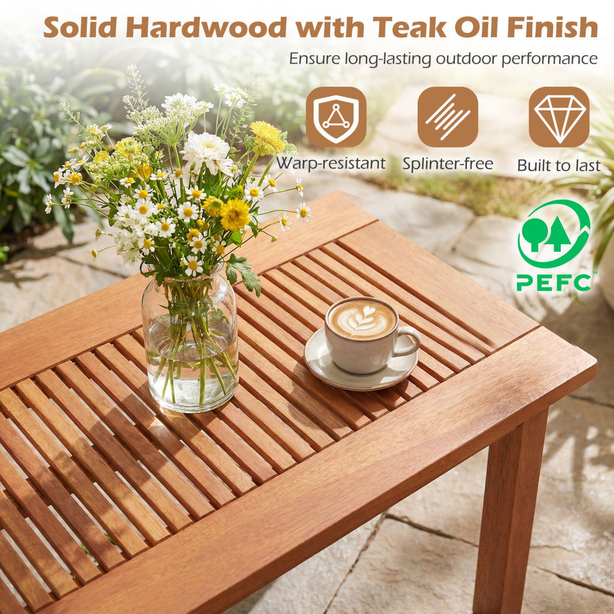 35.5 Inch Outdoor Modern Rectangular Coffee Table with Slatted Top for Backyard