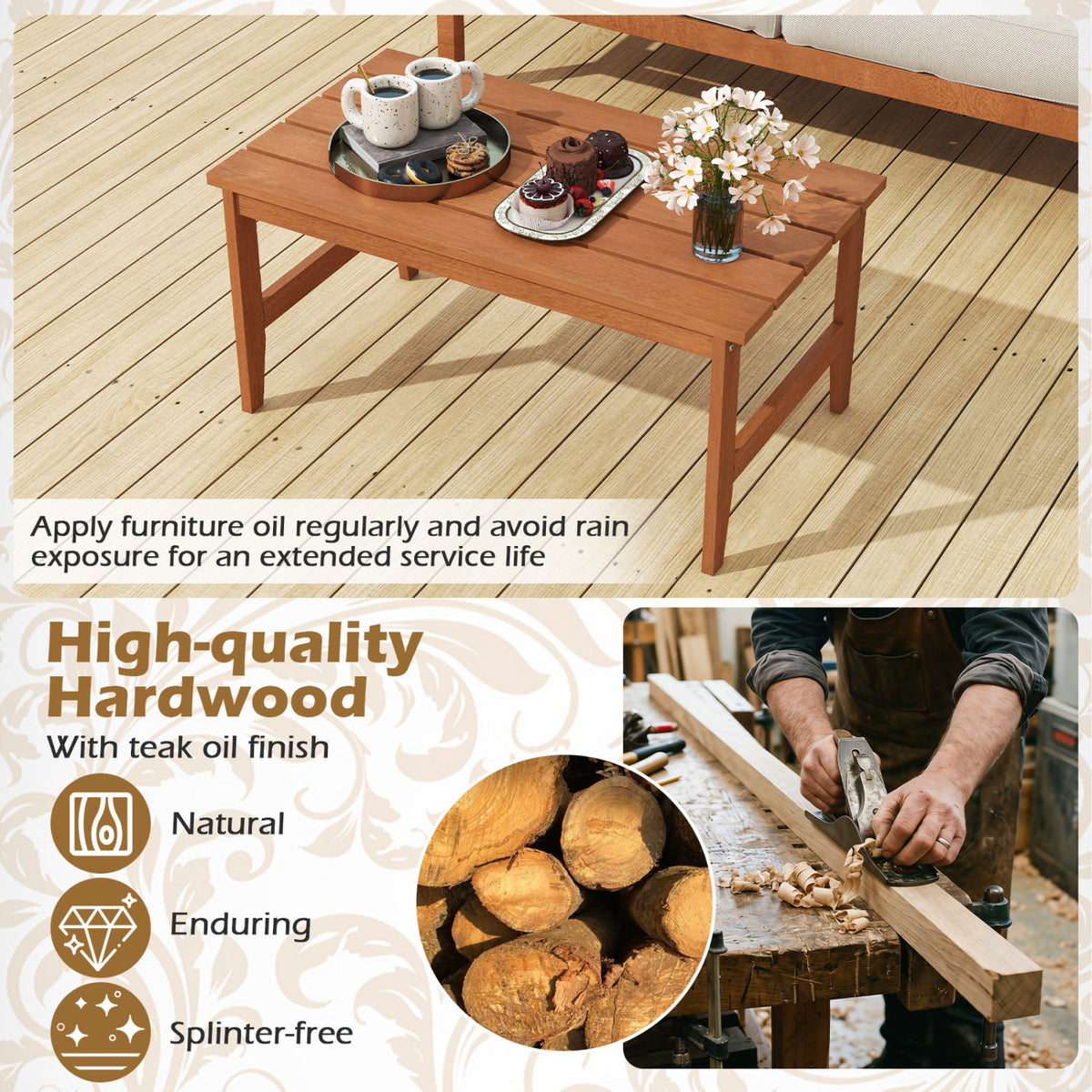 35.5" Solid Wood Outdoor Coffee Table with Rectangular Slatted Top and Teak Finish