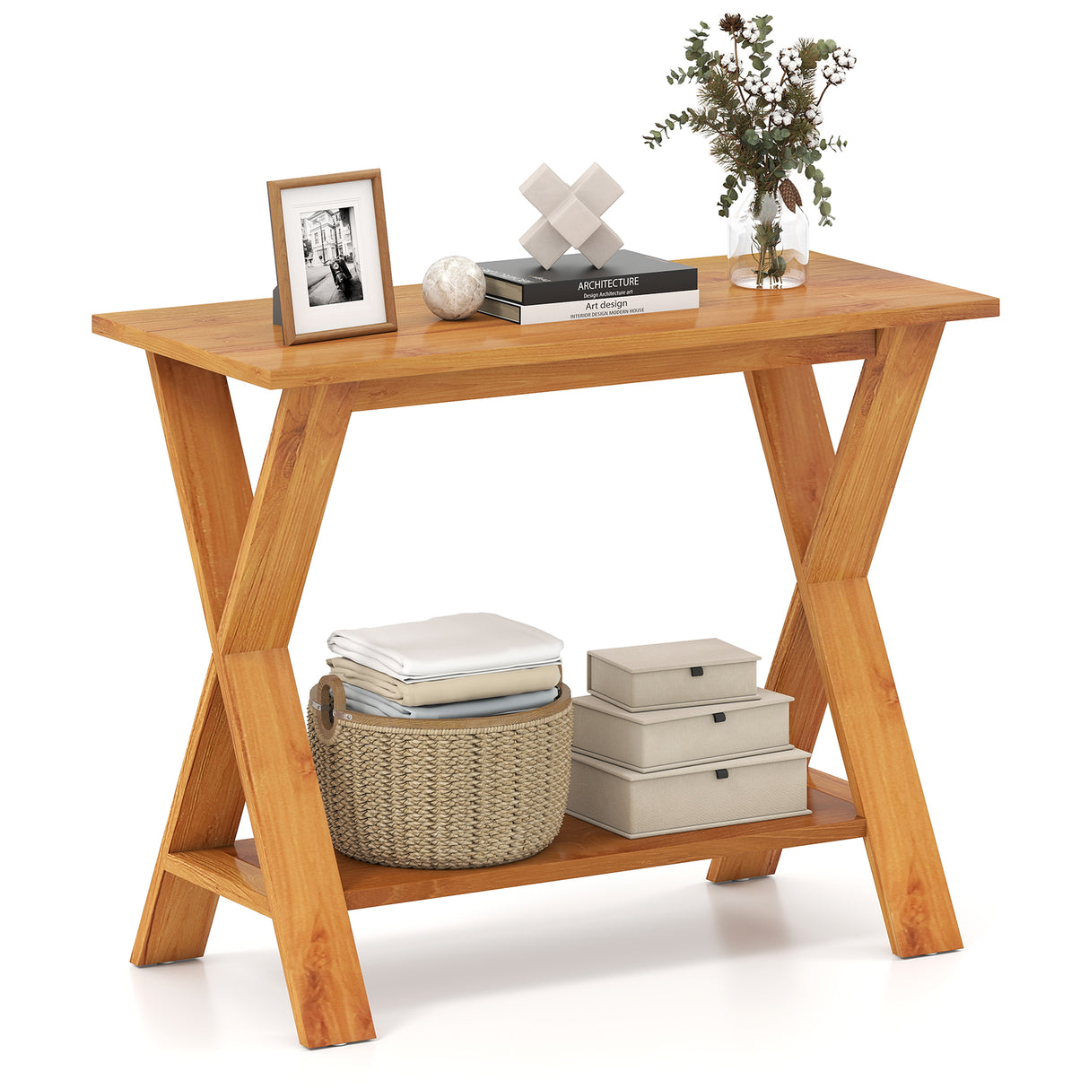 35 Inch Solid Teak Wood Console Table with Storage Shelf
