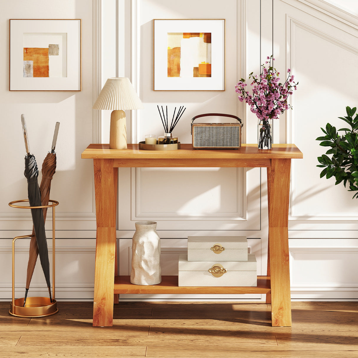 35 Inch Solid Teak Wood Console Table with Storage Shelf
