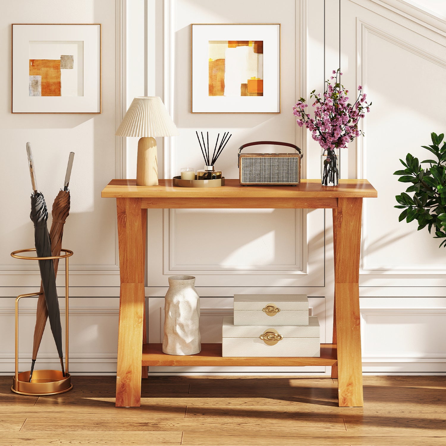 35 Inch Solid Teak Wood Console Table with Storage Shelf
