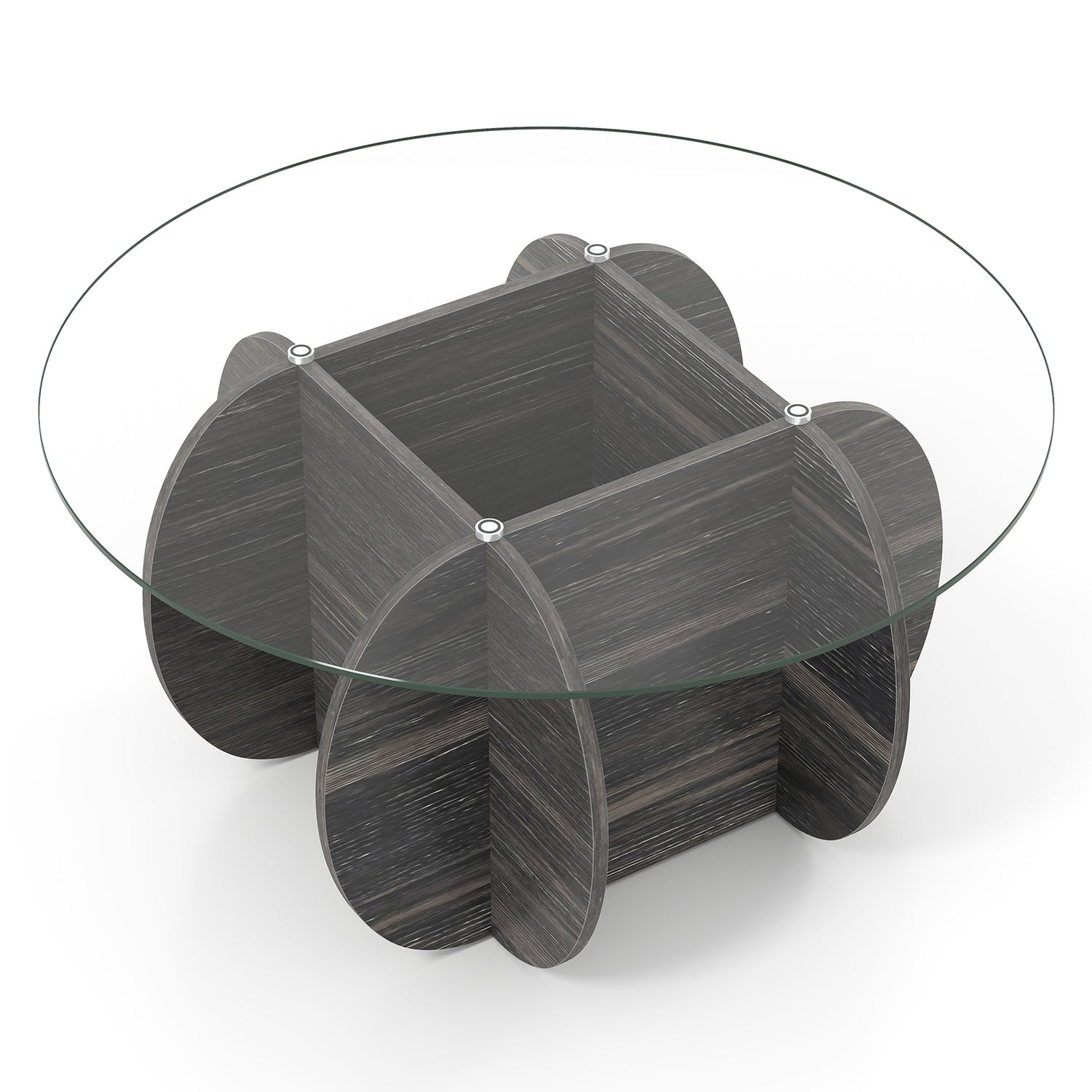 35" Round Coffee Table Unique Circle Center Table with Tempered Glass Top and Solid Wood Base-Black