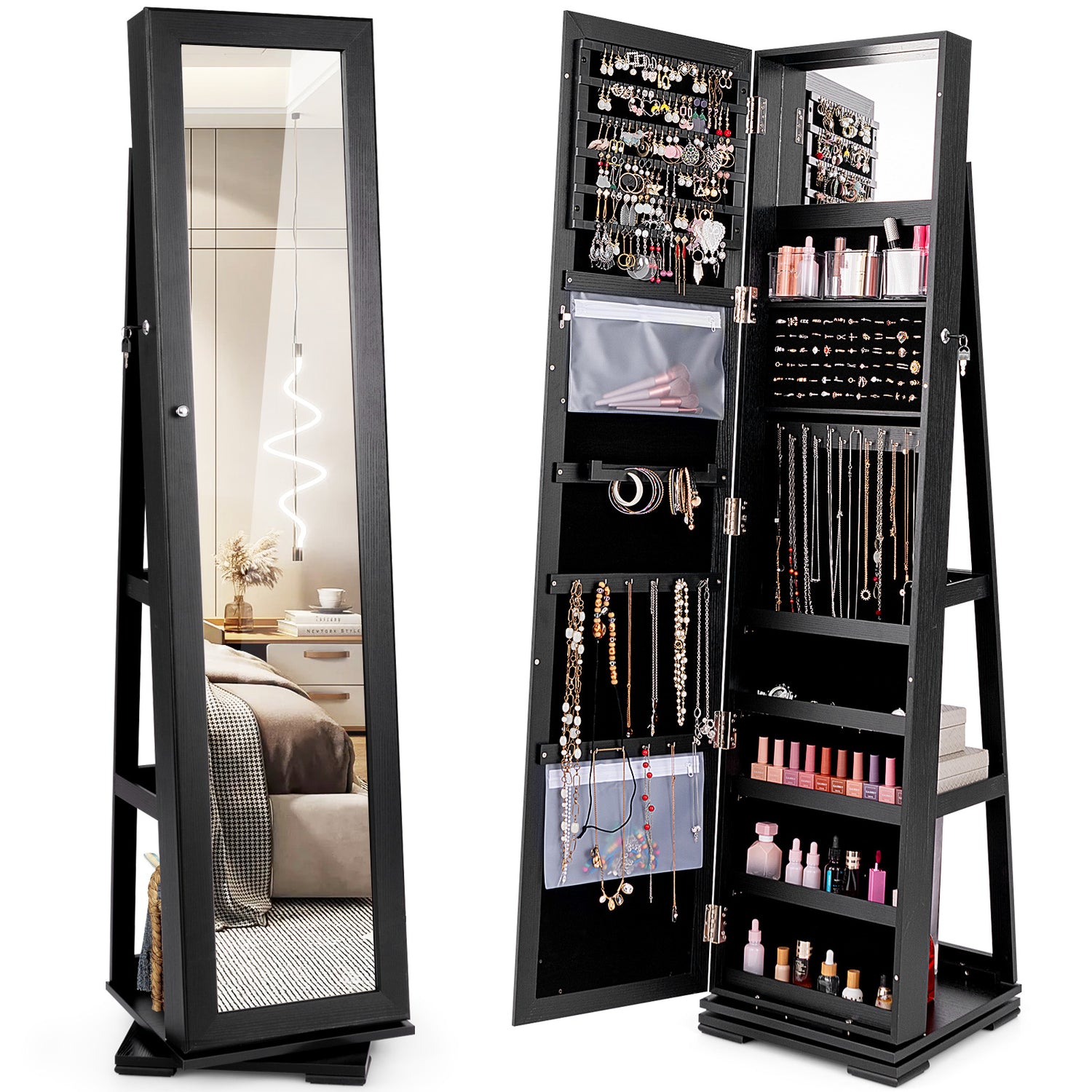 360° Rotatable 2-in-1 Lockable Jewelry Cabinet with Full-Length Mirror