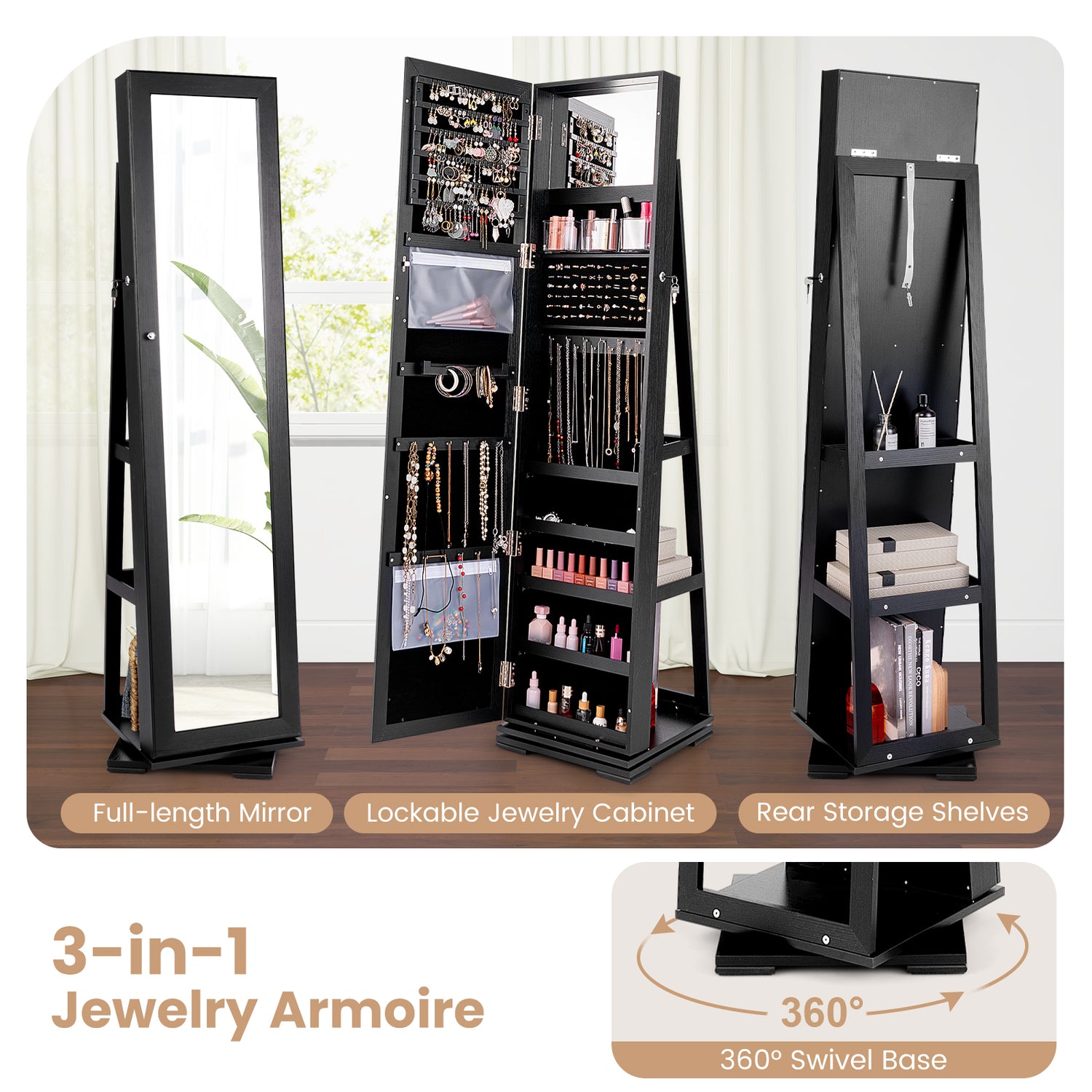 360° Rotatable 2-in-1 Lockable Jewelry Cabinet with Full-Length Mirror