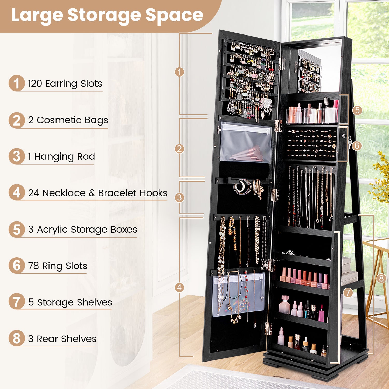 360° Rotatable 2-in-1 Lockable Jewelry Cabinet with Full-Length Mirror