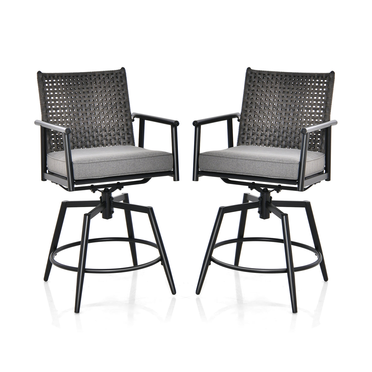 360 Degree Swivel Bar Stool Set of 2 with Metal Frame and PE Rattan Backrest-Black