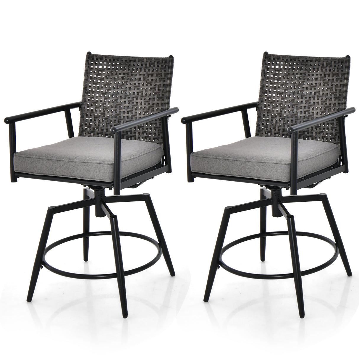 360 Degree Swivel Bar Stool Set of 2 with Metal Frame and PE Rattan Backrest-Black