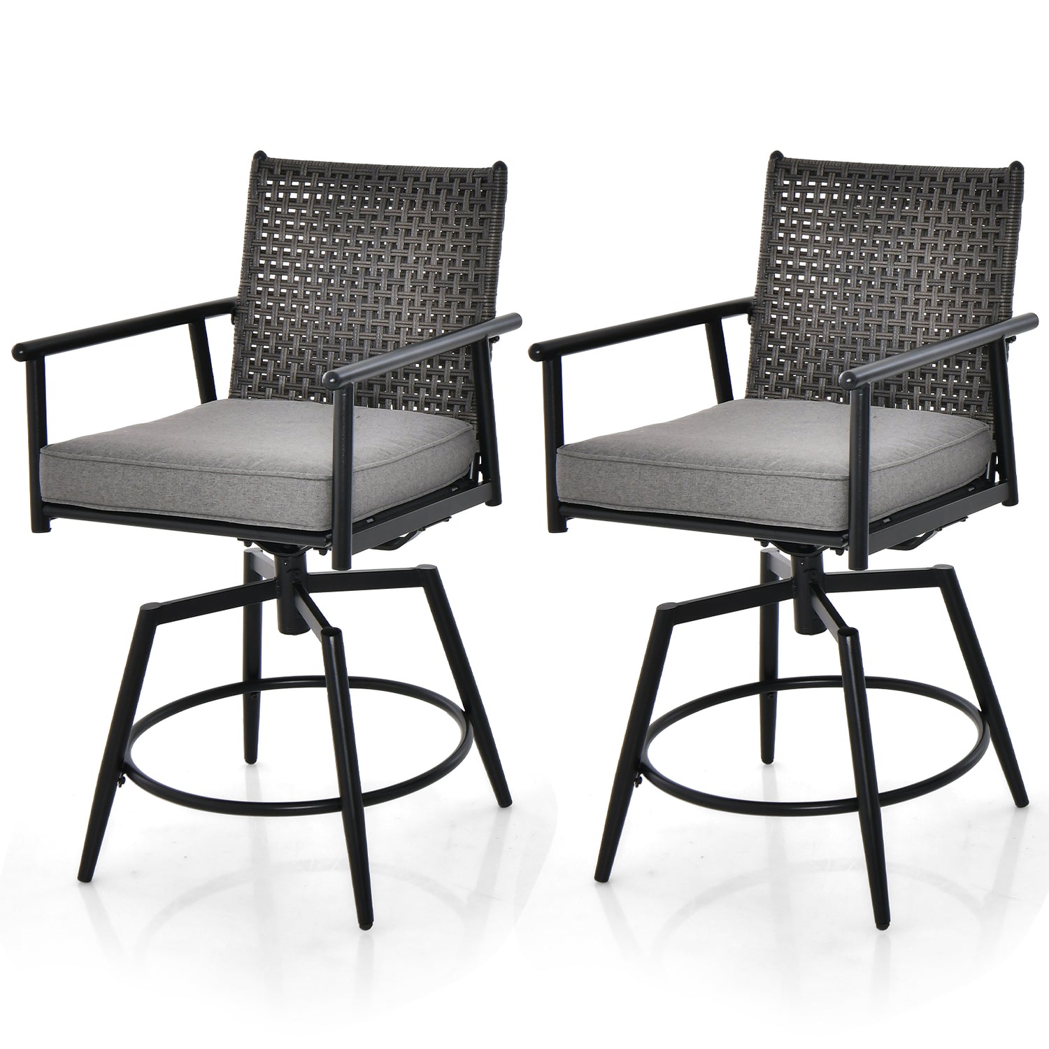360 Degree Swivel Bar Stool Set of 2 with Metal Frame and PE Rattan Backrest-Black