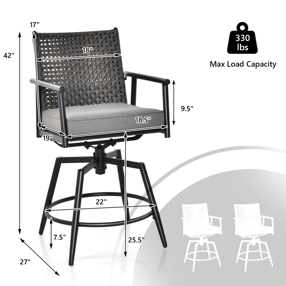 360 Degree Swivel Bar Stool Set of 2 with Metal Frame and PE Rattan Backrest-Black