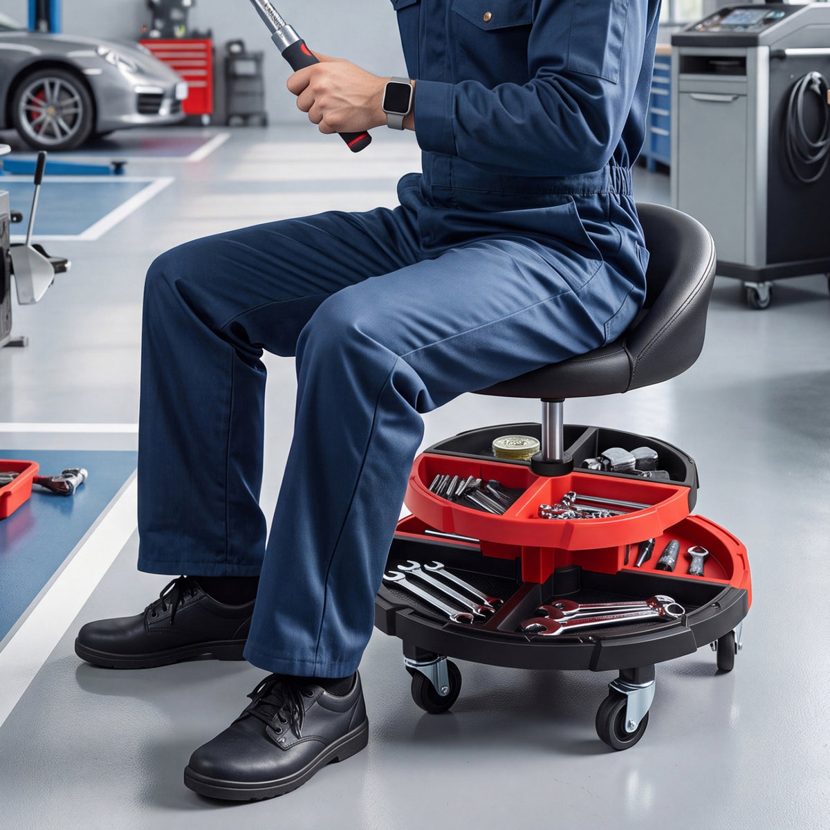360° Rolling Mechanic Stool with 2 Tool Storage Trays-Red