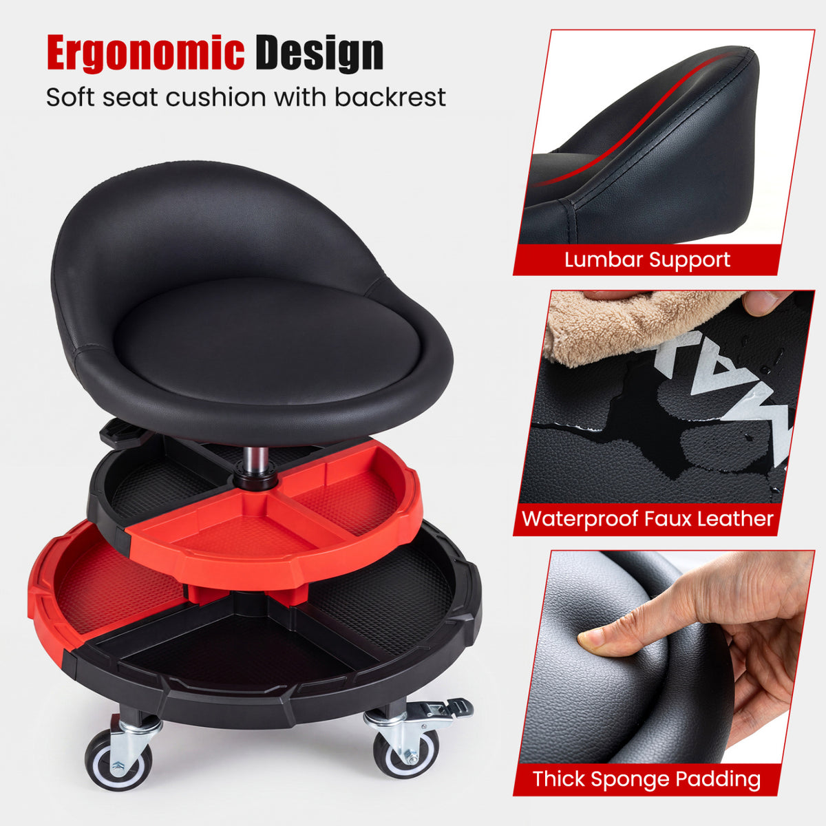 360° Rolling Mechanic Stool with 2 Tool Storage Trays-Red