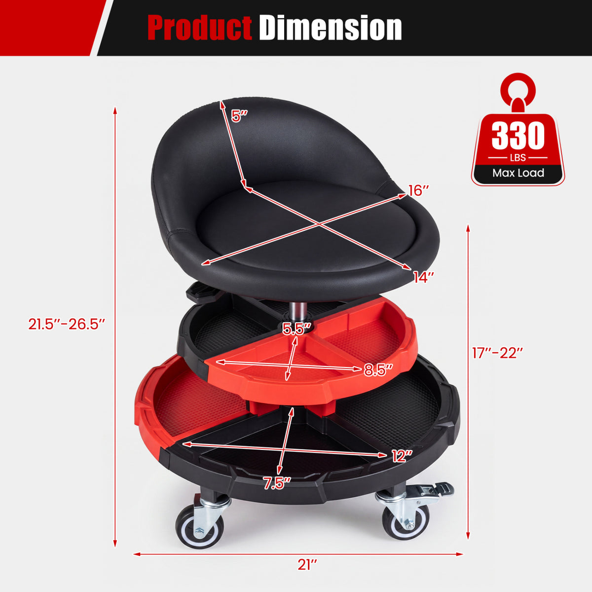 360° Rolling Mechanic Stool with 2 Tool Storage Trays-Red