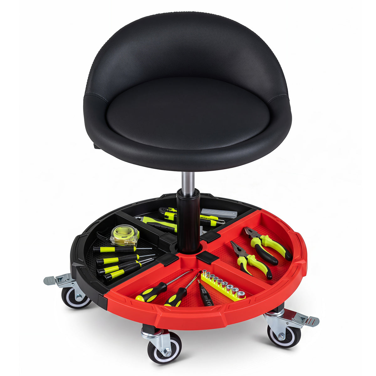 360° Rolling Mechanic Stool with 1 Tool Storage Tray-Red