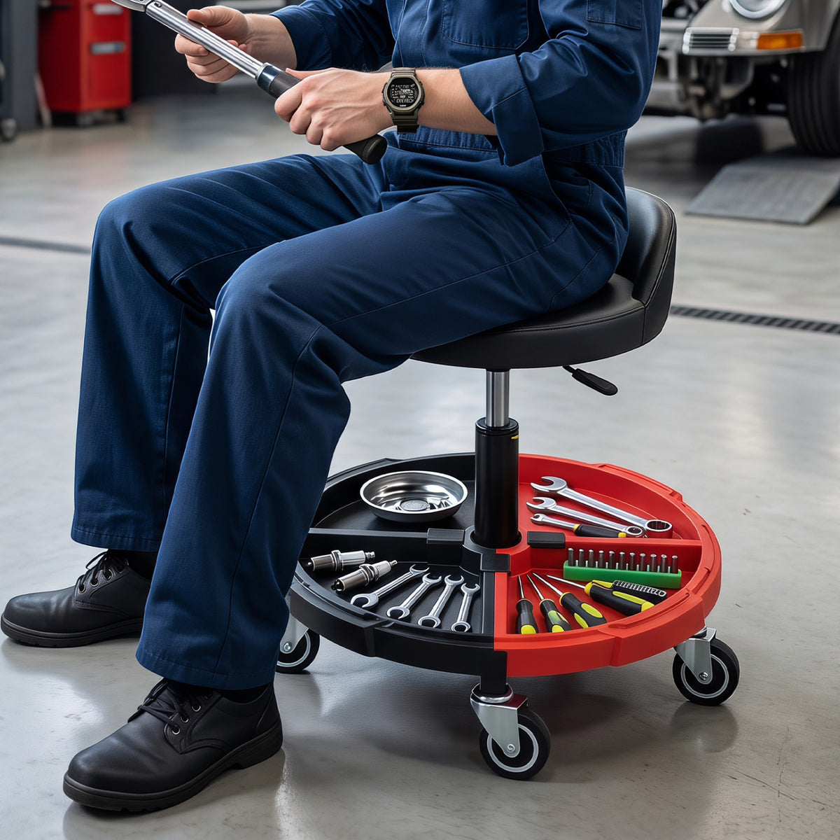 360° Rolling Mechanic Stool with 1 Tool Storage Tray-Red