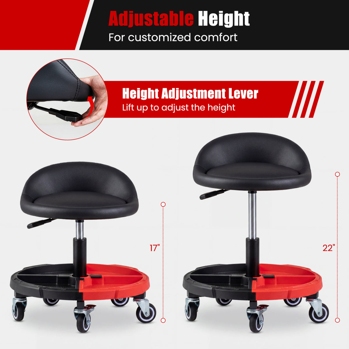 360° Rolling Mechanic Stool with 1 Tool Storage Tray-Red