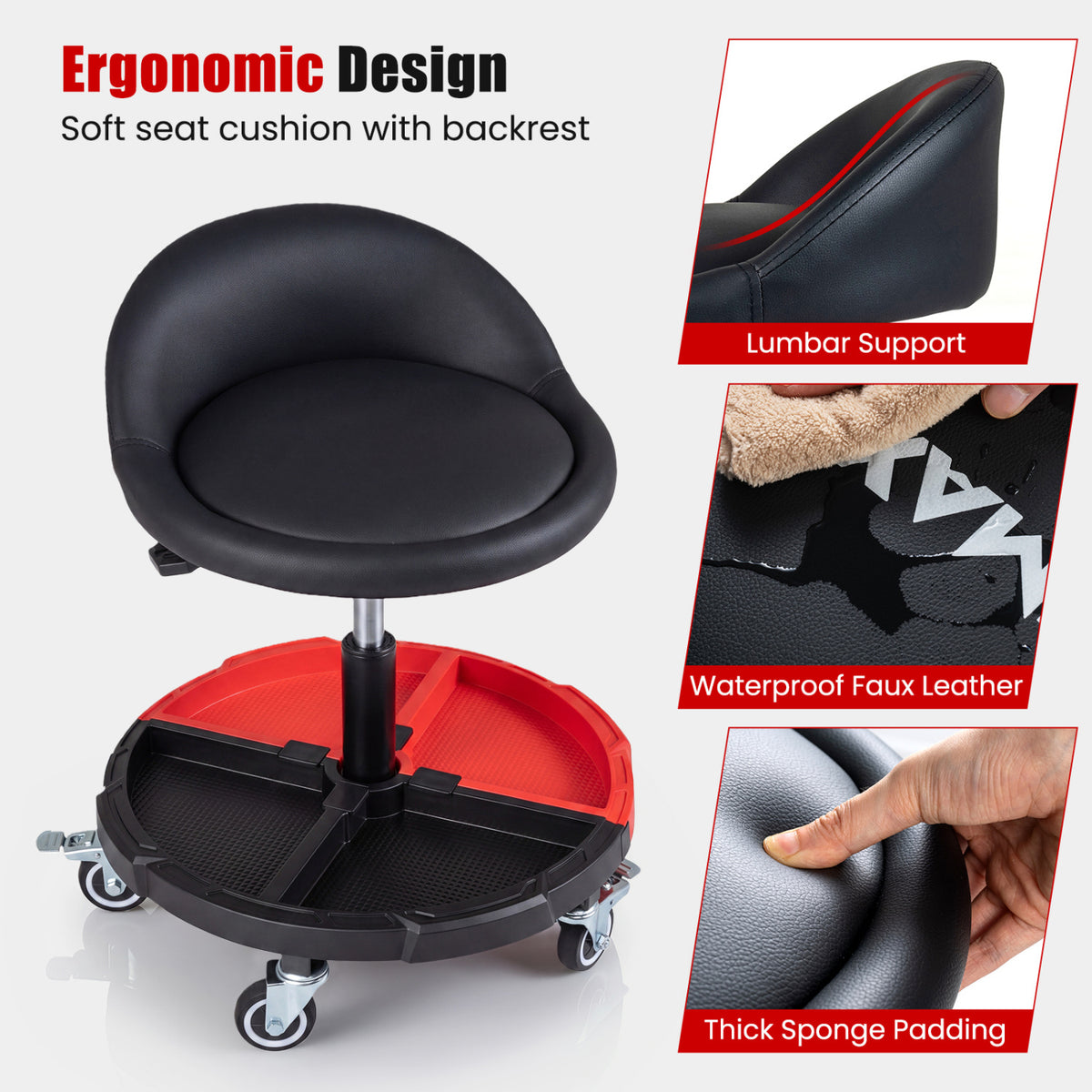 360° Rolling Mechanic Stool with 1 Tool Storage Tray-Red